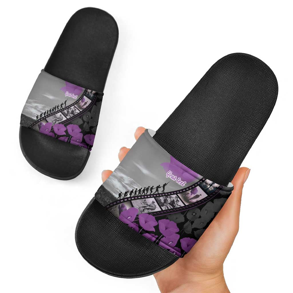 Personalised Remembering ANZAC Lest We Forget Slide Sandals Vintage Film Frame Memorial Purple Poppy