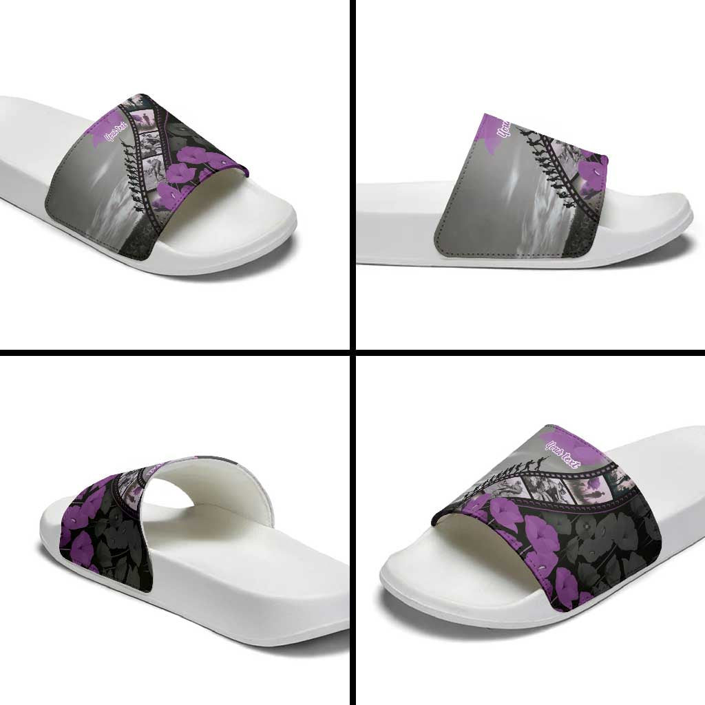 Personalised Remembering ANZAC Lest We Forget Slide Sandals Vintage Film Frame Memorial Purple Poppy