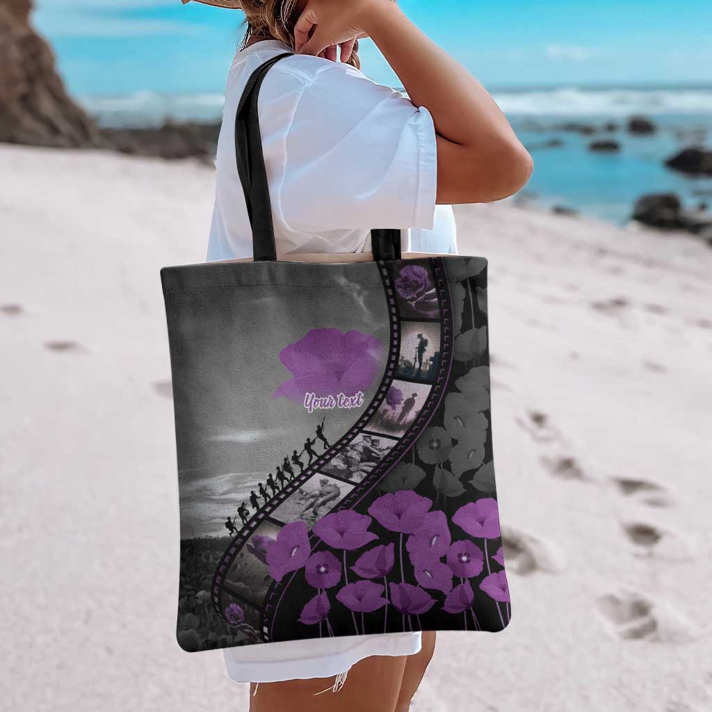 Personalised Remembering ANZAC Lest We Forget Tote Bag Vintage Film Frame Memorial Purple Poppy