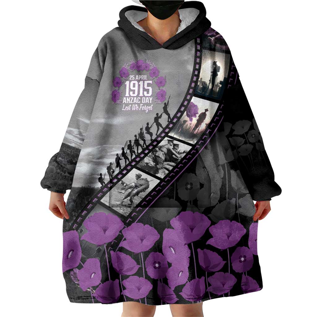 Personalised Remembering ANZAC Lest We Forget Wearable Blanket Hoodie Vintage Film Frame Memorial Purple Poppy