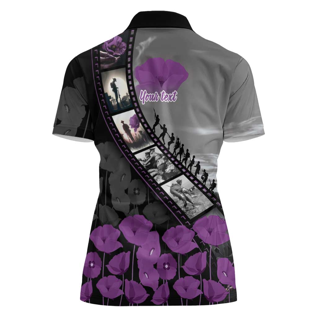 Personalised Remembering ANZAC Lest We Forget Women Polo Shirt Vintage Film Frame Memorial Purple Poppy