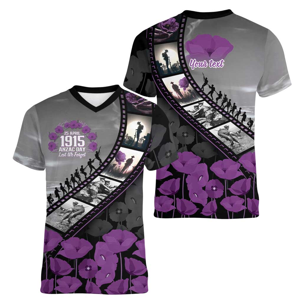 Personalised Remembering ANZAC Lest We Forget Women V-Neck T-Shirt Vintage Film Frame Memorial Purple Poppy