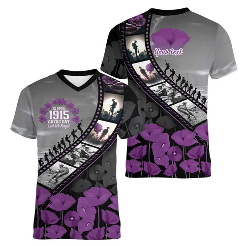 Personalised Remembering ANZAC Lest We Forget Women V-Neck T-Shirt Vintage Film Frame Memorial Purple Poppy