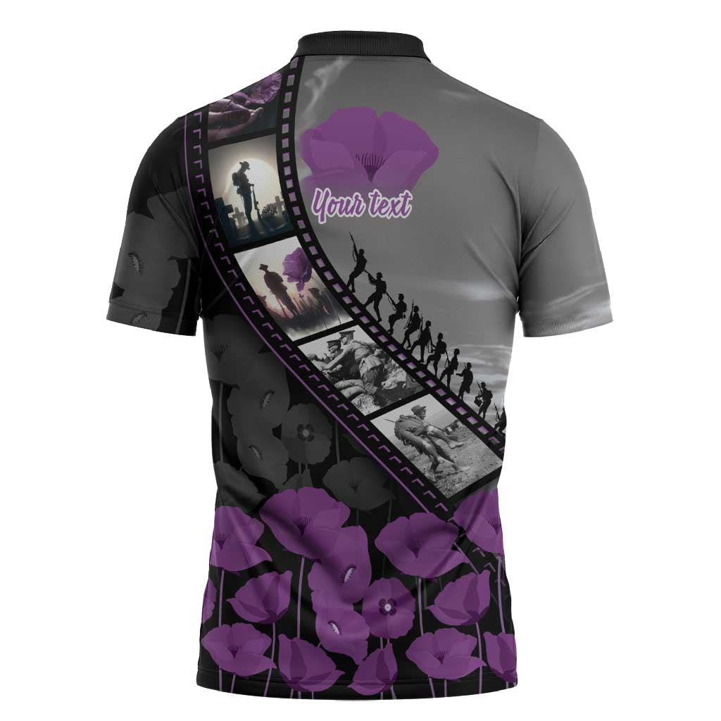Personalised Remembering ANZAC Lest We Forget Zipper Polo Shirt Vintage Film Frame Memorial Purple Poppy