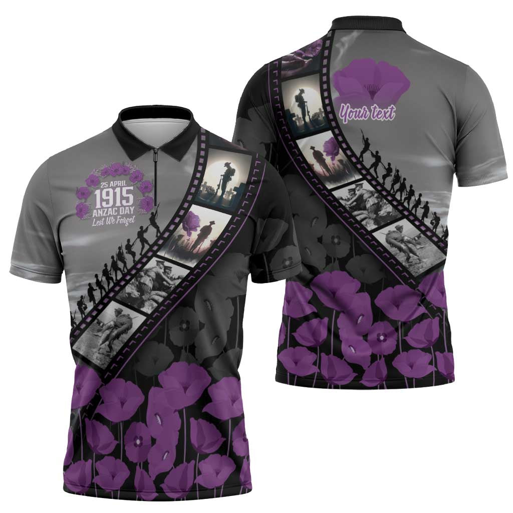 Personalised Remembering ANZAC Lest We Forget Zipper Polo Shirt Vintage Film Frame Memorial Purple Poppy