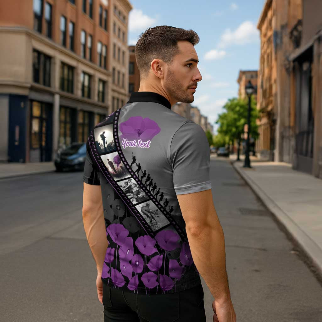 Personalised Remembering ANZAC Lest We Forget Zipper Polo Shirt Vintage Film Frame Memorial Purple Poppy