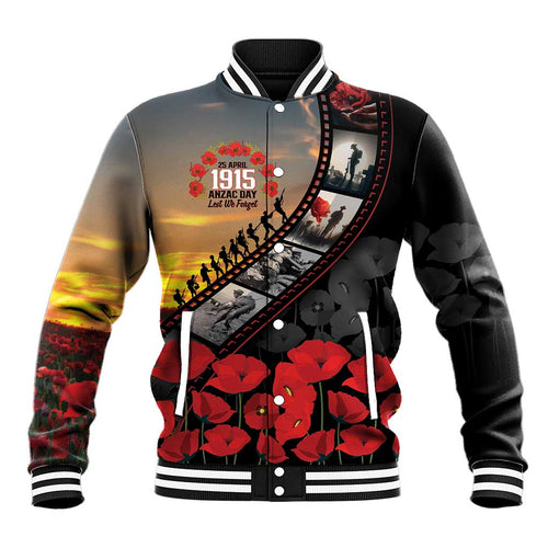 Personalised Remembering ANZAC Lest We Forget Baseball Jacket Vintage Film Frame Memorial Red Poppy