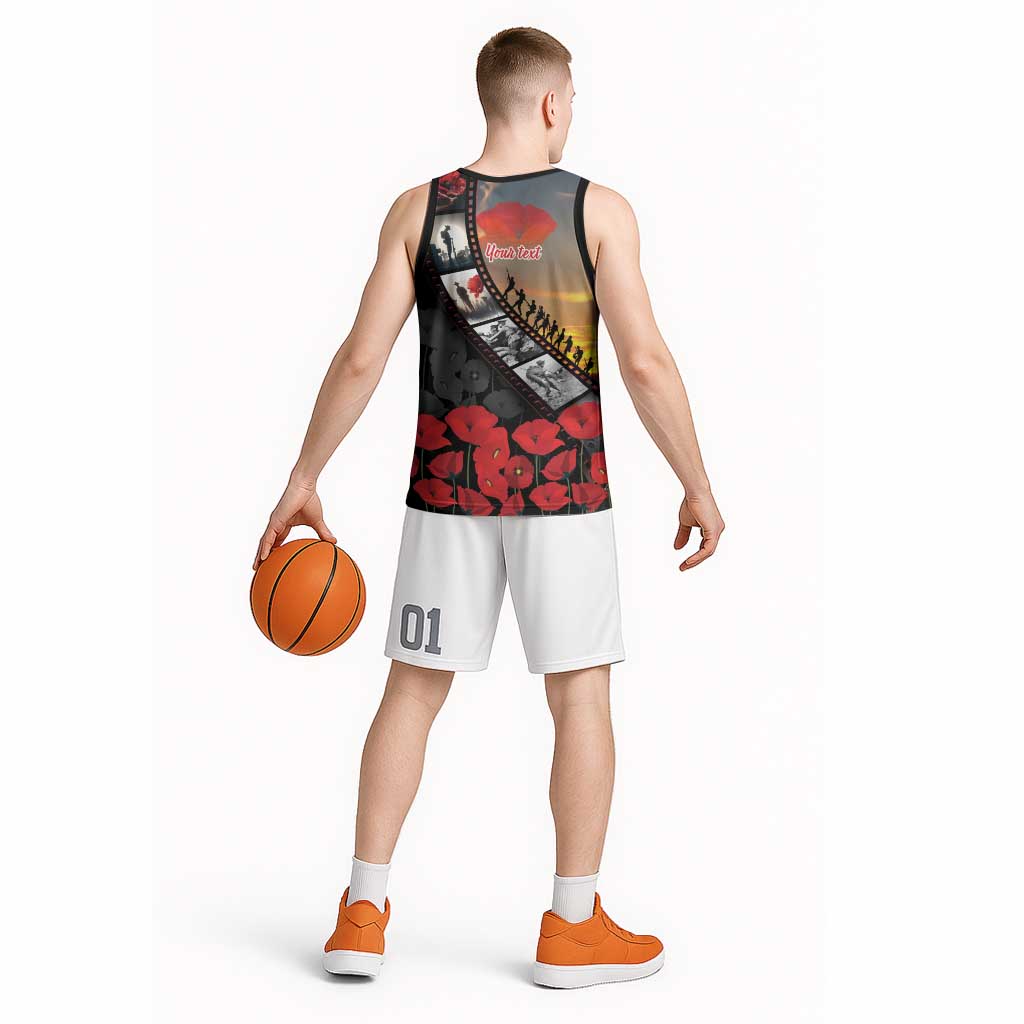 Personalised Remembering ANZAC Lest We Forget Basketball Jersey Vintage Film Frame Memorial Red Poppy