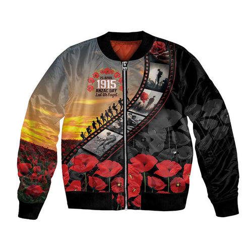 Personalised Remembering ANZAC Lest We Forget Bomber Jacket Vintage Film Frame Memorial Red Poppy