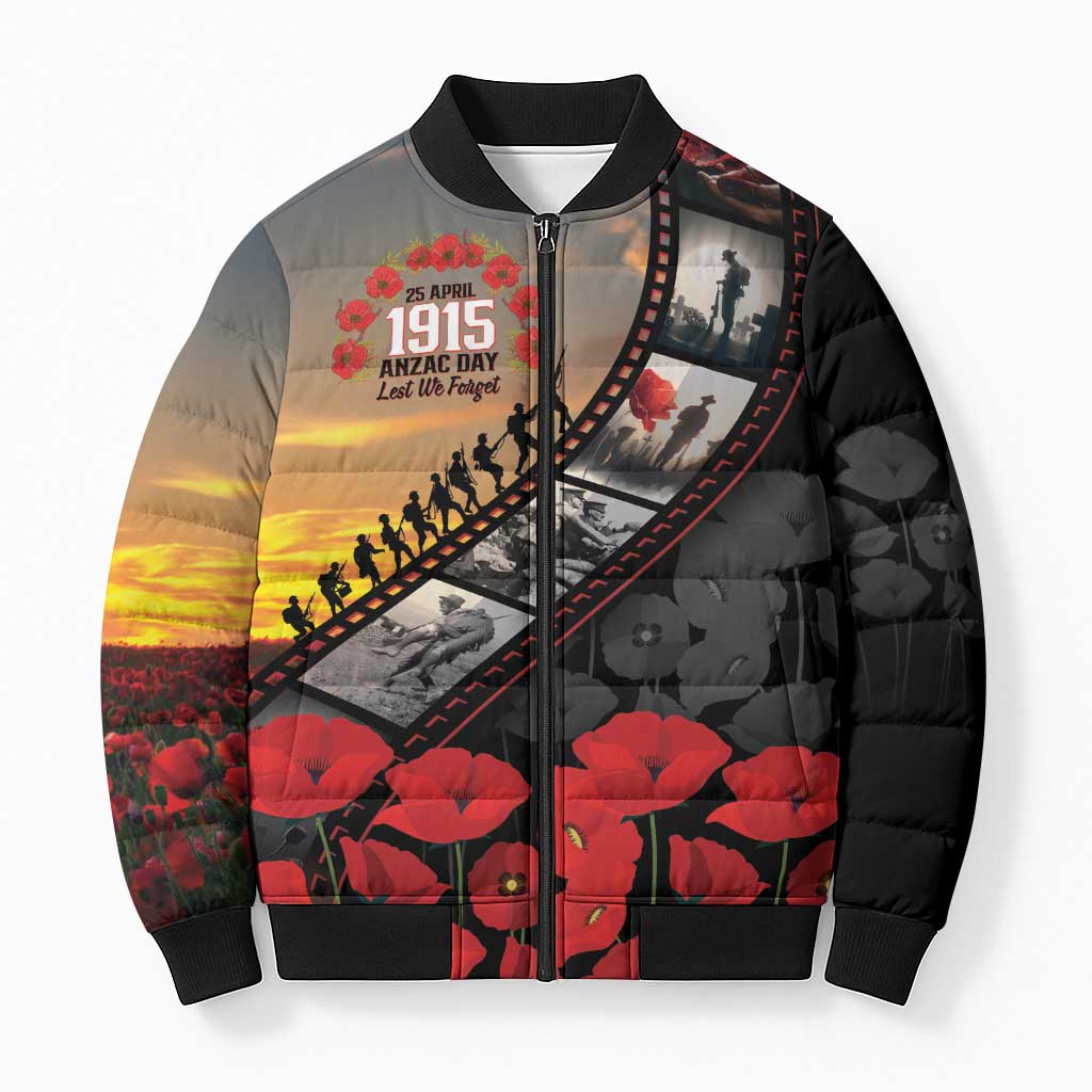 Personalised Remembering ANZAC Lest We Forget Bomber Puffer Jacket Vintage Film Frame Memorial Red Poppy