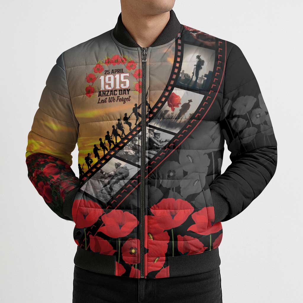 Personalised Remembering ANZAC Lest We Forget Bomber Puffer Jacket Vintage Film Frame Memorial Red Poppy
