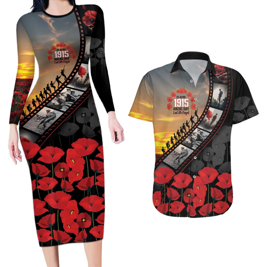 Personalised Remembering ANZAC Lest We Forget Couples Matching Long Sleeve Bodycon Dress and Hawaiian Shirt Vintage Film Frame Memorial Red Poppy