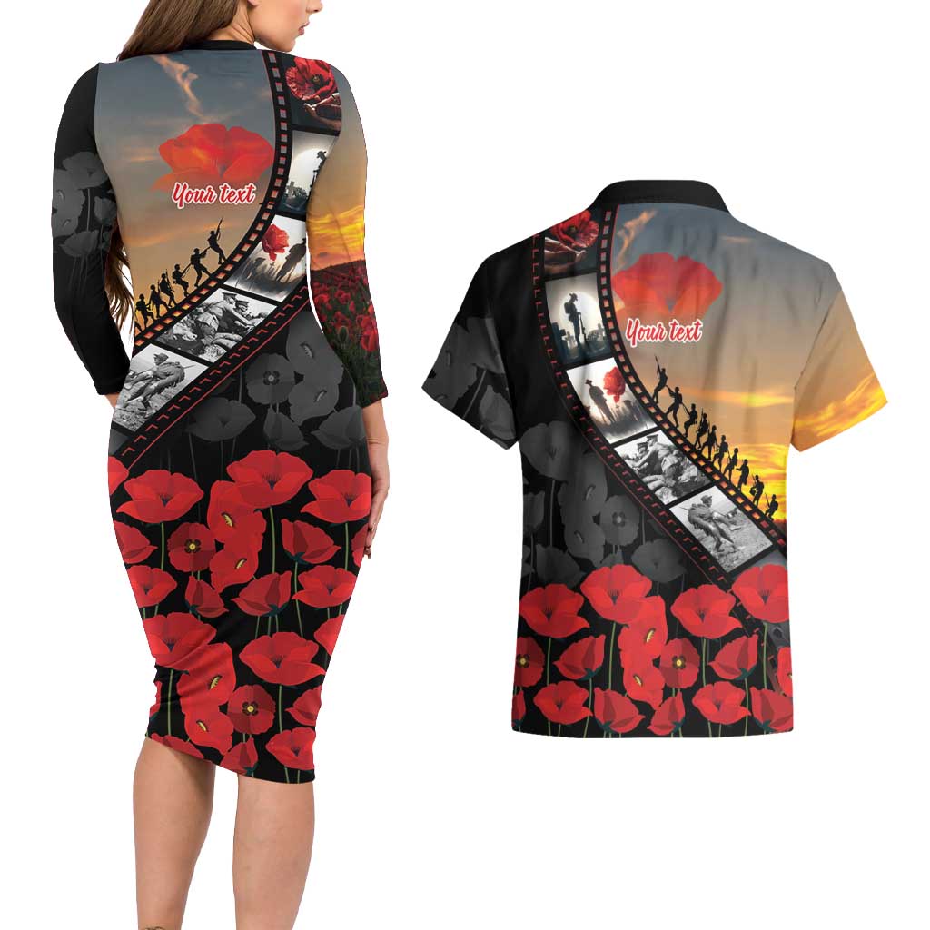 Personalised Remembering ANZAC Lest We Forget Couples Matching Long Sleeve Bodycon Dress and Hawaiian Shirt Vintage Film Frame Memorial Red Poppy