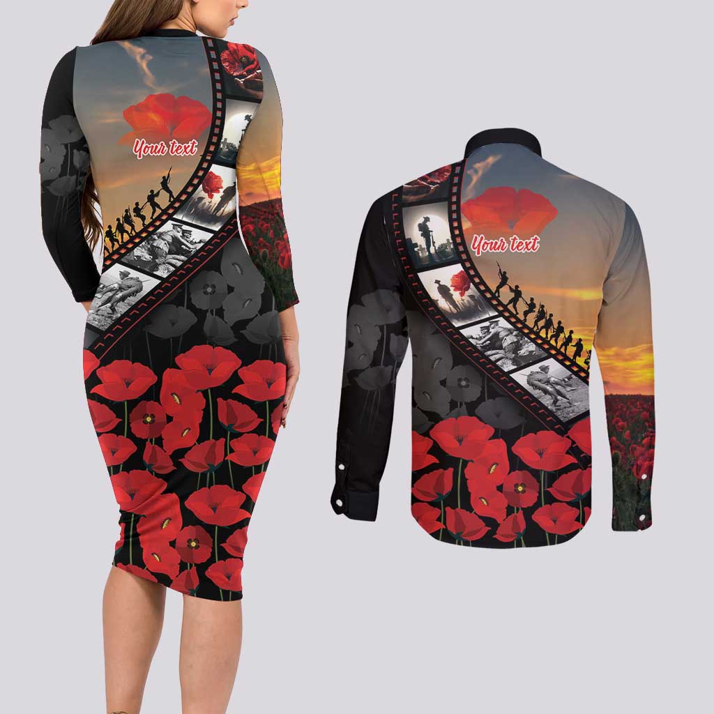 Personalised Remembering ANZAC Lest We Forget Couples Matching Long Sleeve Bodycon Dress and Long Sleeve Button Shirt Vintage Film Frame Memorial Red Poppy