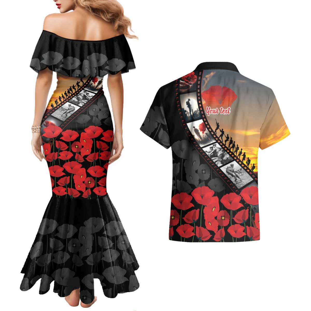 Personalised Remembering ANZAC Lest We Forget Couples Matching Mermaid Dress and Hawaiian Shirt Vintage Film Frame Memorial Red Poppy