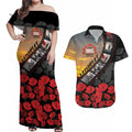 Personalised Remembering ANZAC Lest We Forget Couples Matching Off Shoulder Maxi Dress and Hawaiian Shirt Vintage Film Frame Memorial Red Poppy