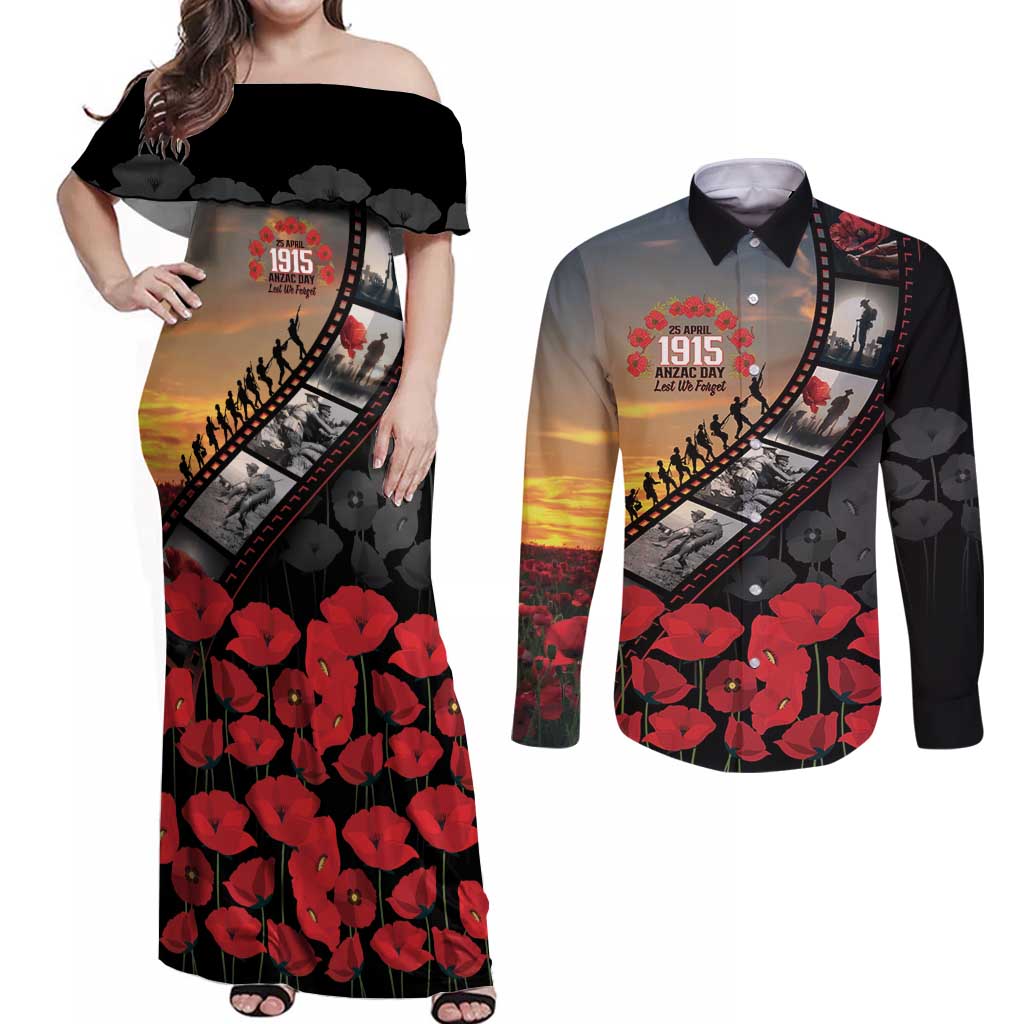 Personalised Remembering ANZAC Lest We Forget Couples Matching Off Shoulder Maxi Dress and Long Sleeve Button Shirt Vintage Film Frame Memorial Red Poppy