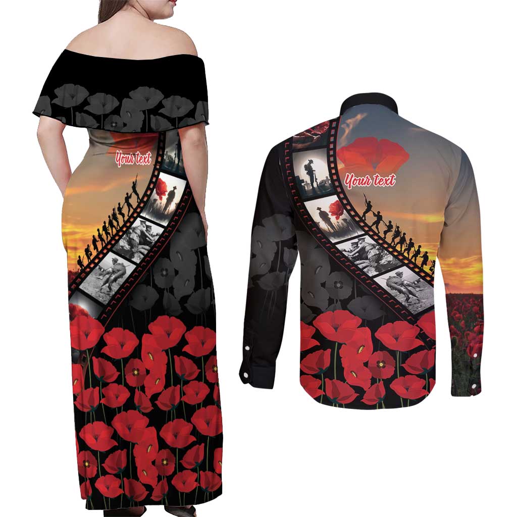 Personalised Remembering ANZAC Lest We Forget Couples Matching Off Shoulder Maxi Dress and Long Sleeve Button Shirt Vintage Film Frame Memorial Red Poppy