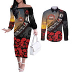 Personalised Remembering ANZAC Lest We Forget Couples Matching Off The Shoulder Long Sleeve Dress and Long Sleeve Button Shirt Vintage Film Frame Memorial Red Poppy