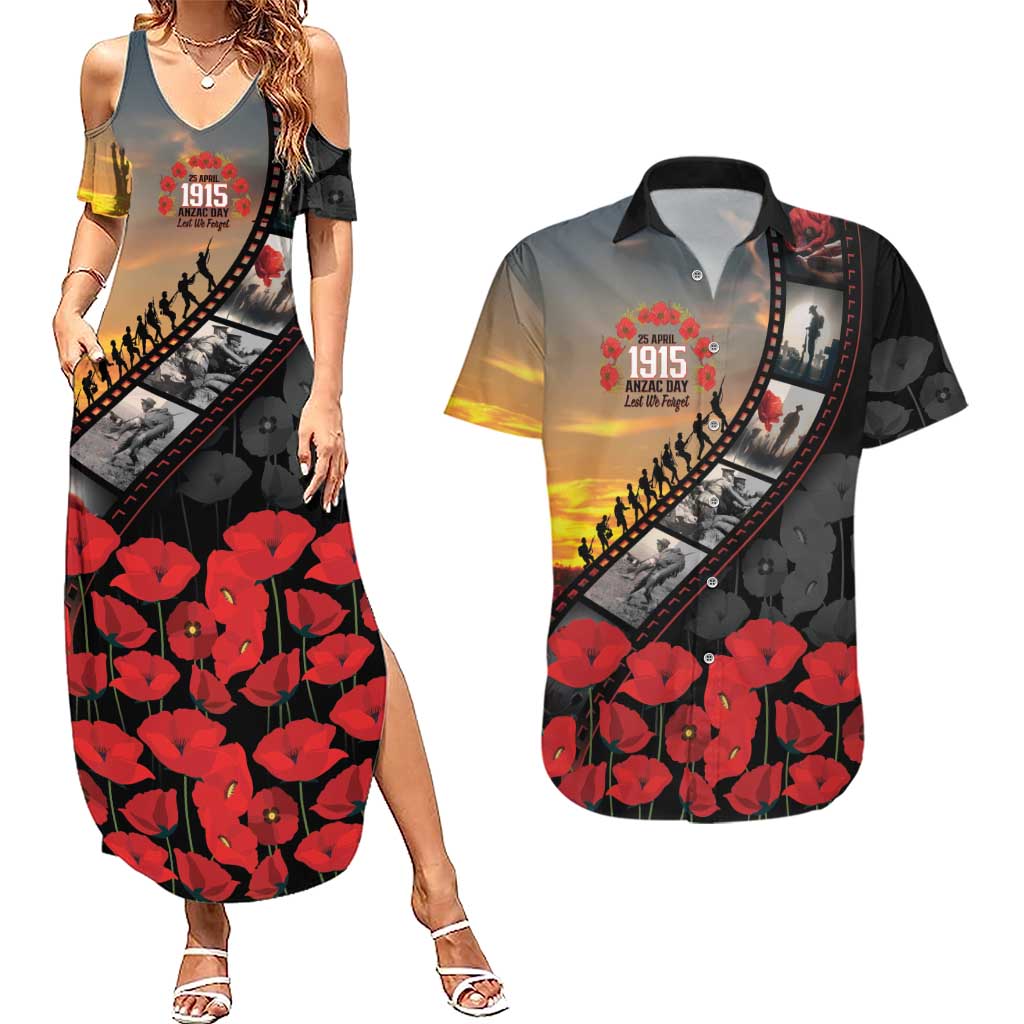 Personalised Remembering ANZAC Lest We Forget Couples Matching Summer Maxi Dress and Hawaiian Shirt Vintage Film Frame Memorial Red Poppy