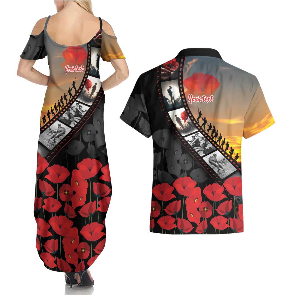 Personalised Remembering ANZAC Lest We Forget Couples Matching Summer Maxi Dress and Hawaiian Shirt Vintage Film Frame Memorial Red Poppy