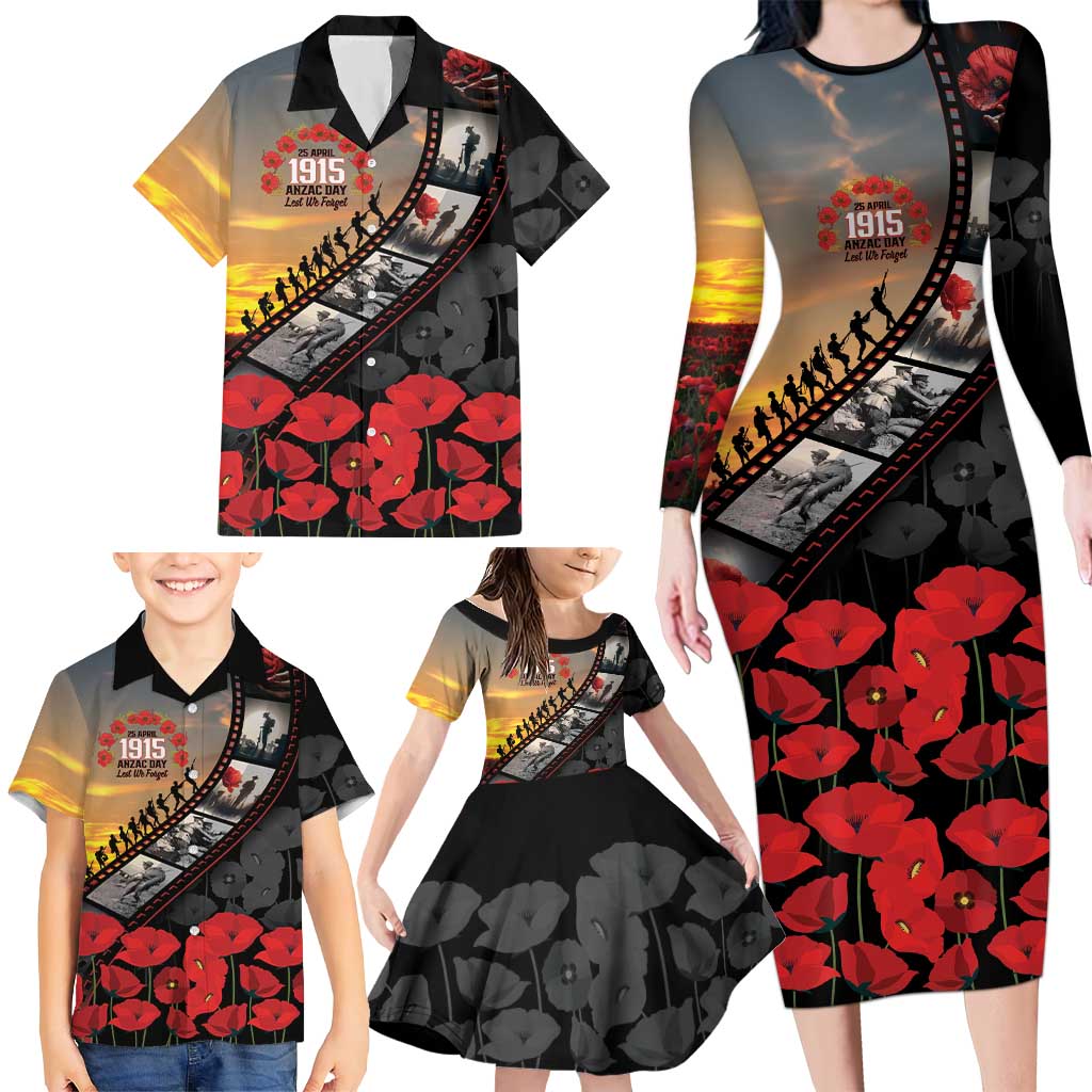 Personalised Remembering ANZAC Lest We Forget Family Matching Long Sleeve Bodycon Dress and Hawaiian Shirt Vintage Film Frame Memorial Red Poppy