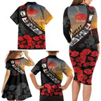 Personalised Remembering ANZAC Lest We Forget Family Matching Long Sleeve Bodycon Dress and Hawaiian Shirt Vintage Film Frame Memorial Red Poppy