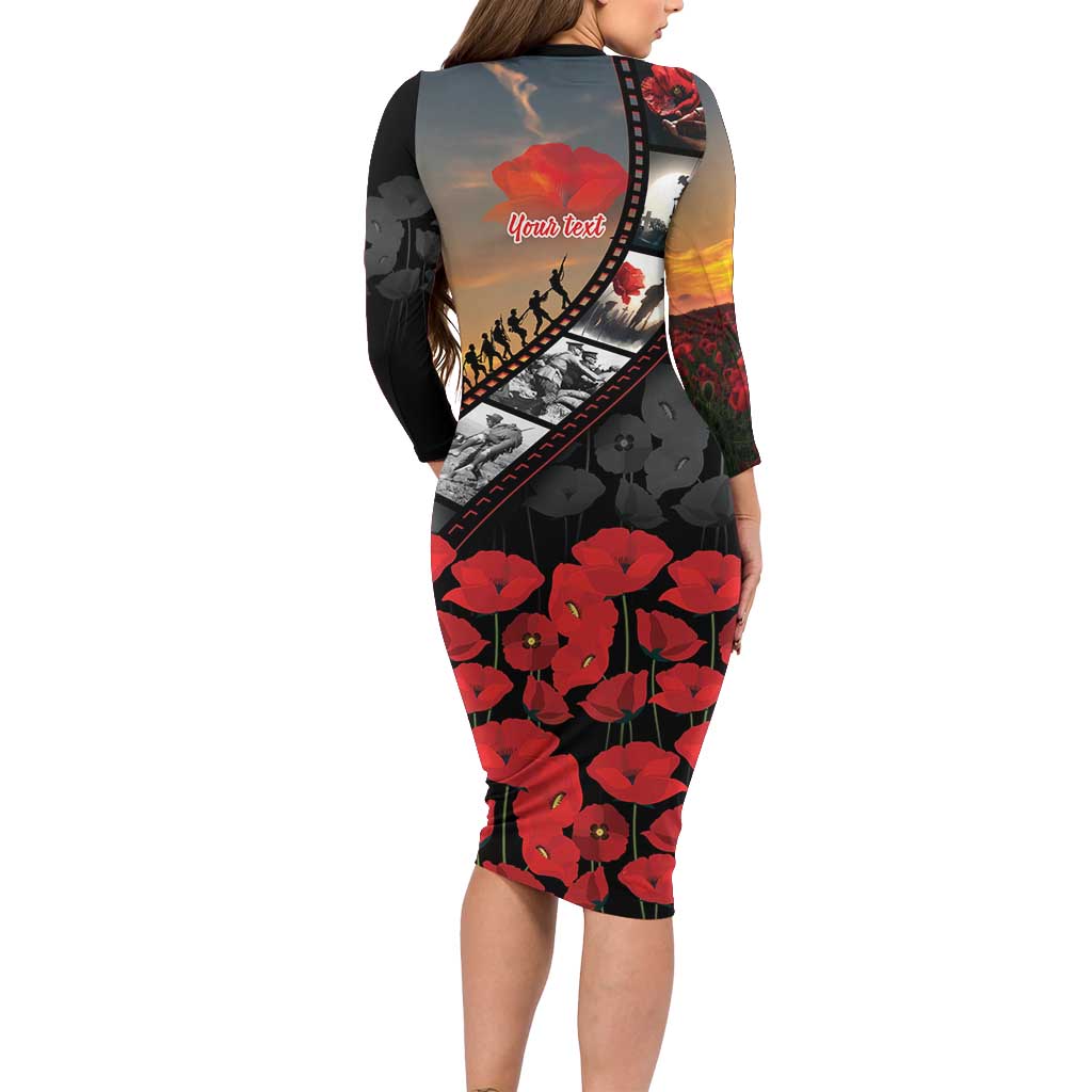Personalised Remembering ANZAC Lest We Forget Family Matching Long Sleeve Bodycon Dress and Hawaiian Shirt Vintage Film Frame Memorial Red Poppy
