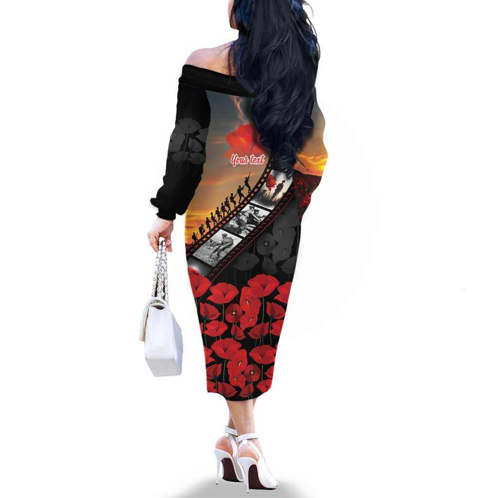 Personalised Remembering ANZAC Lest We Forget Family Matching Off The Shoulder Long Sleeve Dress and Hawaiian Shirt Vintage Film Frame Memorial Red Poppy