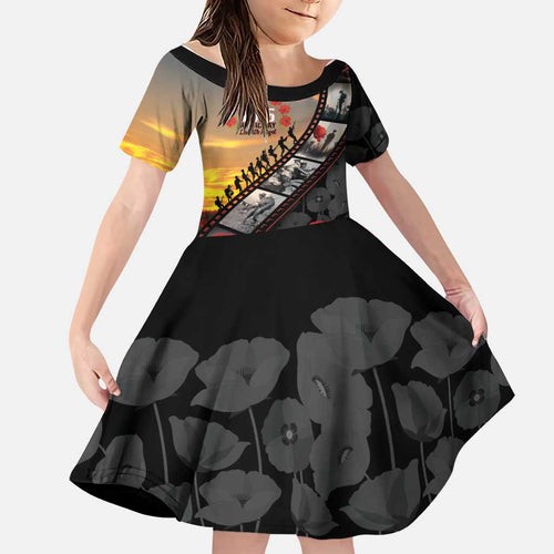 Personalised Remembering ANZAC Lest We Forget Family Matching Off Shoulder Short Dress and Hawaiian Shirt Vintage Film Frame Memorial Red Poppy