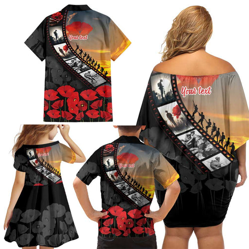 Personalised Remembering ANZAC Lest We Forget Family Matching Off Shoulder Short Dress and Hawaiian Shirt Vintage Film Frame Memorial Red Poppy