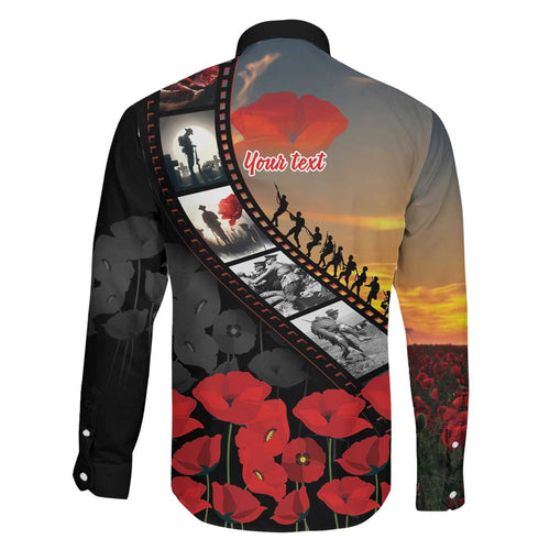 Personalised Remembering ANZAC Lest We Forget Family Matching Off Shoulder Short Dress and Hawaiian Shirt Vintage Film Frame Memorial Red Poppy