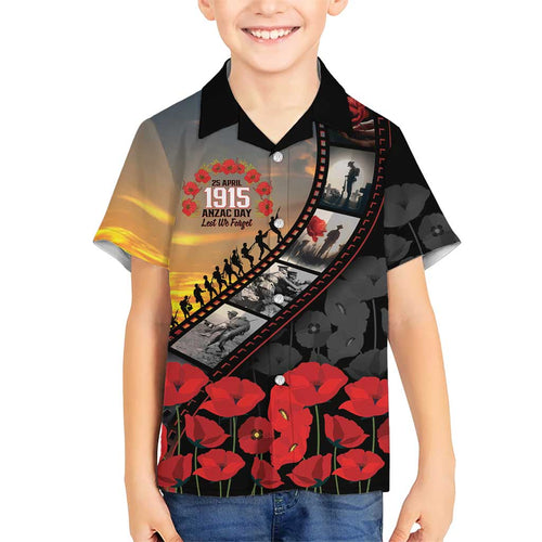 Personalised Remembering ANZAC Lest We Forget Family Matching Off Shoulder Short Dress and Hawaiian Shirt Vintage Film Frame Memorial Red Poppy