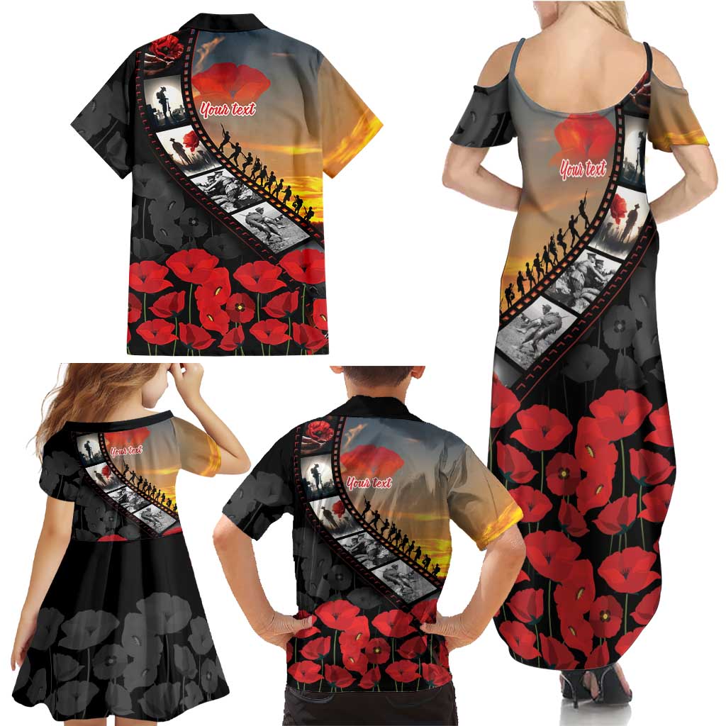 Personalised Remembering ANZAC Lest We Forget Family Matching Summer Maxi Dress and Hawaiian Shirt Vintage Film Frame Memorial Red Poppy