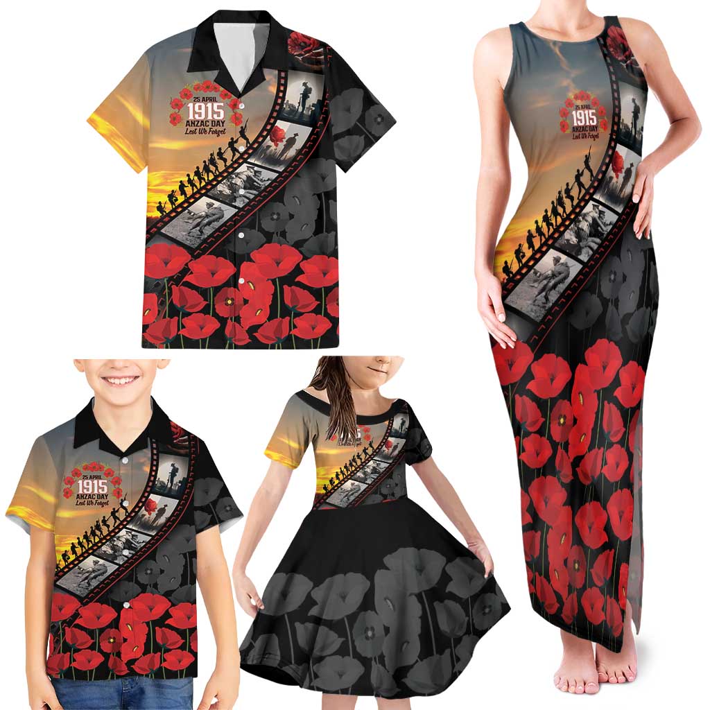 Personalised Remembering ANZAC Lest We Forget Family Matching Tank Maxi Dress and Hawaiian Shirt Vintage Film Frame Memorial Red Poppy