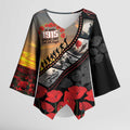 Personalised Remembering ANZAC Lest We Forget Kimono Sleeve Blouse Vintage Film Frame Memorial Red Poppy