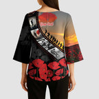Personalised Remembering ANZAC Lest We Forget Kimono Sleeve Blouse Vintage Film Frame Memorial Red Poppy