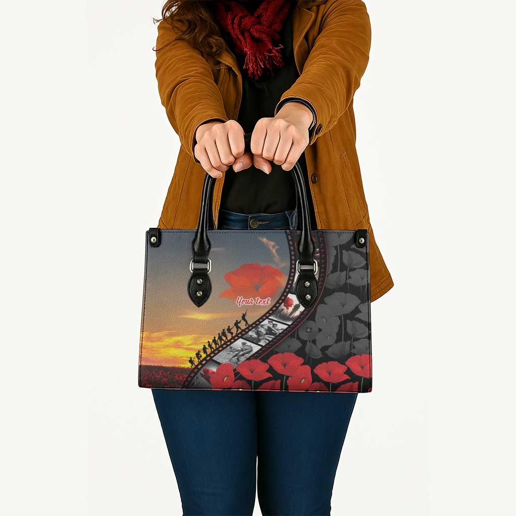 Personalised Remembering ANZAC Lest We Forget Leather Bag Vintage Film Frame Memorial Red Poppy