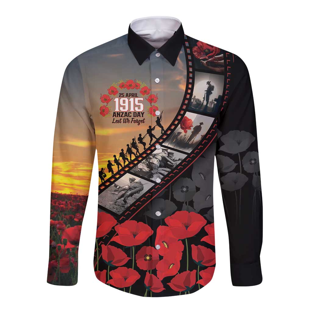Personalised Remembering ANZAC Lest We Forget Long Sleeve Button Shirt Vintage Film Frame Memorial Red Poppy