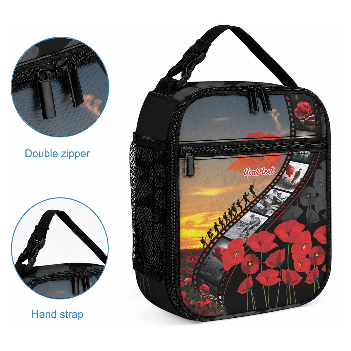 Personalised Remembering ANZAC Lest We Forget Lunch Bag Vintage Film Frame Memorial Red Poppy