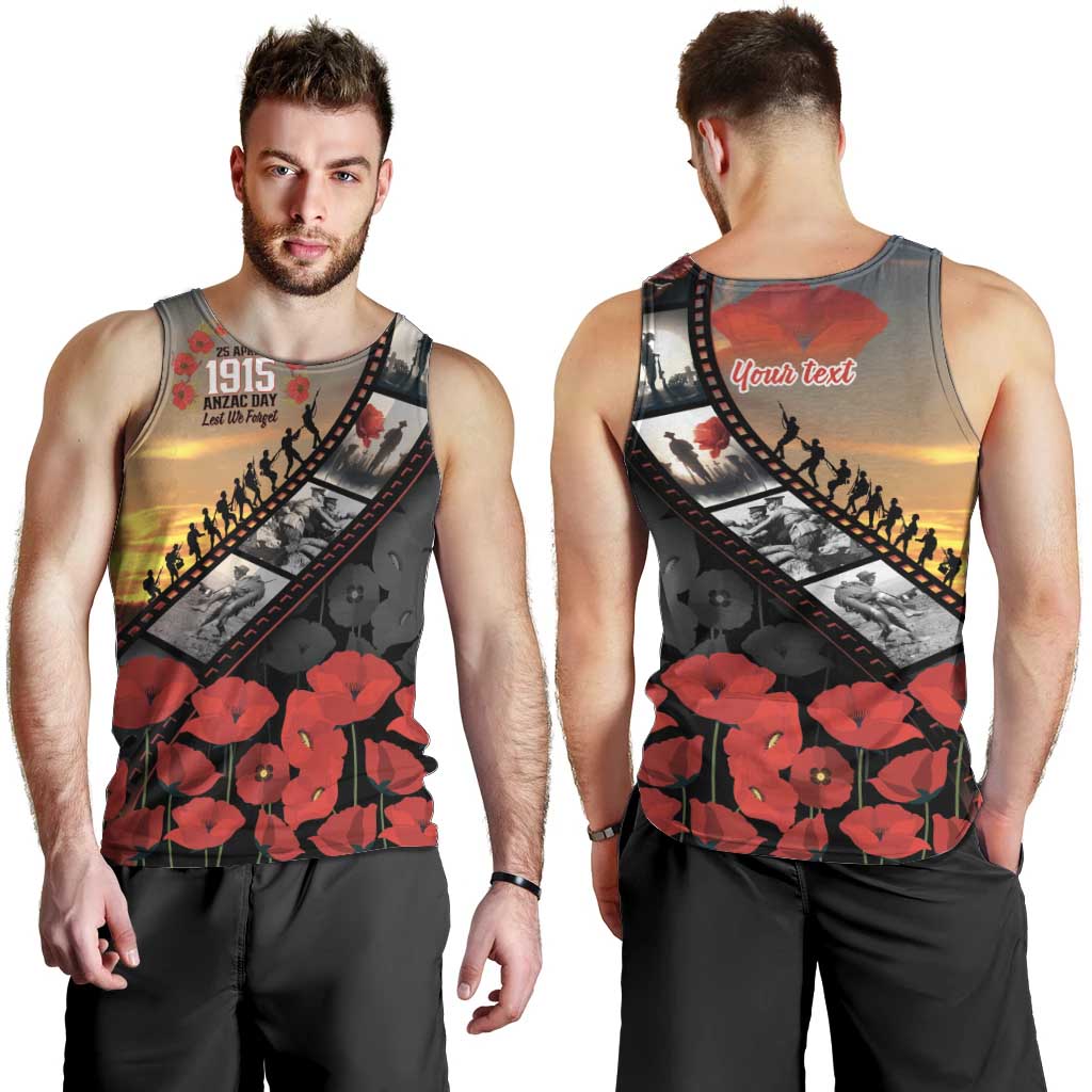 Personalised Remembering ANZAC Lest We Forget Men Tank Top Vintage Film Frame Memorial Red Poppy