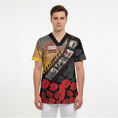 Personalised Remembering ANZAC Lest We Forget Scrub Top Vintage Film Frame Memorial Red Poppy