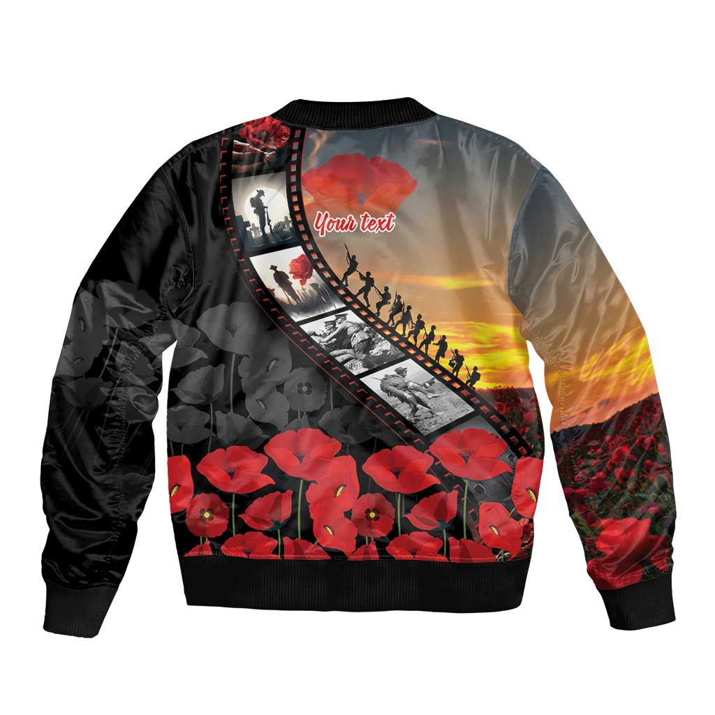 Personalised Remembering ANZAC Lest We Forget Sleeve Zip Bomber Jacket Vintage Film Frame Memorial Red Poppy