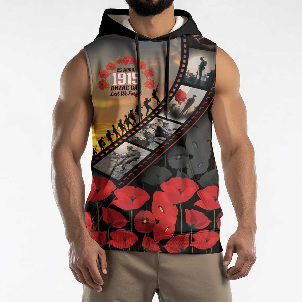 Personalised Remembering ANZAC Lest We Forget Sleeveless Hoodie Vintage Film Frame Memorial Red Poppy