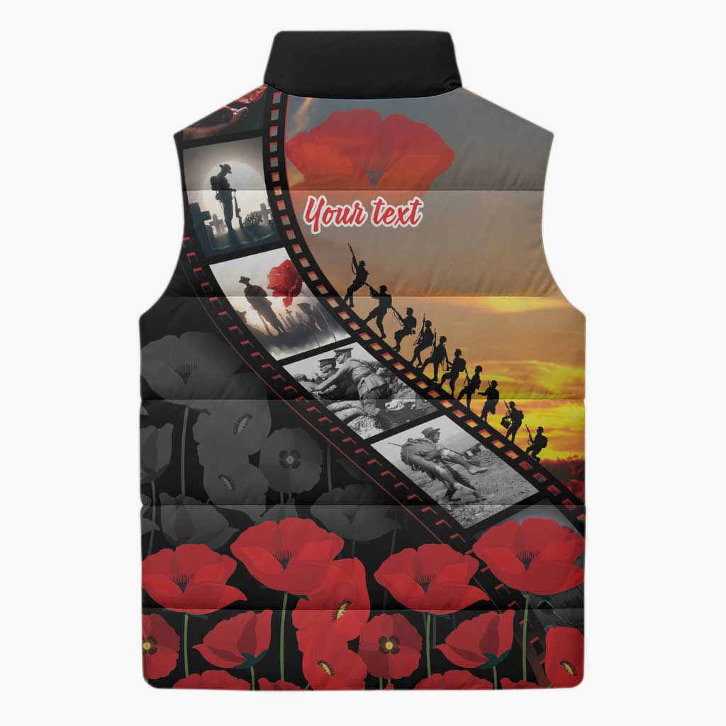 Personalised Remembering ANZAC Lest We Forget Sleeveless Puffer Jacket Vintage Film Frame Memorial Red Poppy