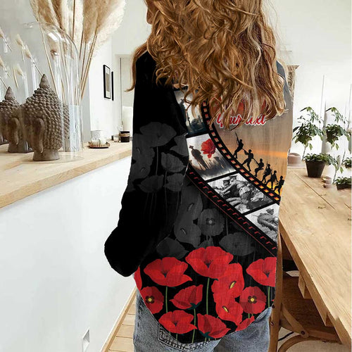 Personalised Remembering ANZAC Lest We Forget Women Casual Shirt Vintage Film Frame Memorial Red Poppy