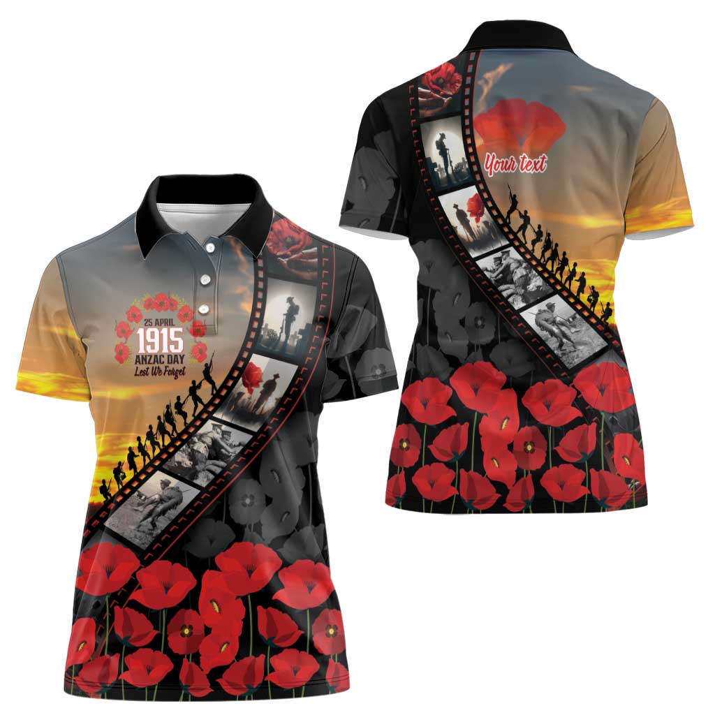 Personalised Remembering ANZAC Lest We Forget Women Polo Shirt Vintage Film Frame Memorial Red Poppy