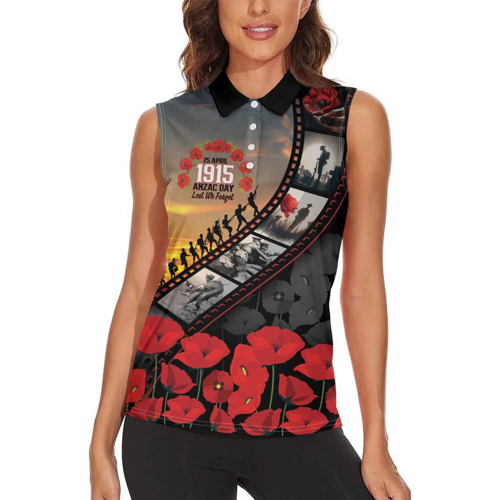Personalised Remembering ANZAC Lest We Forget Women Sleeveless Polo Shirt Vintage Film Frame Memorial Red Poppy