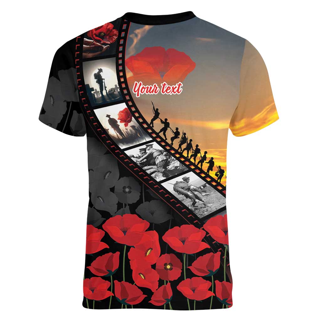Personalised Remembering ANZAC Lest We Forget Women V-Neck T-Shirt Vintage Film Frame Memorial Red Poppy