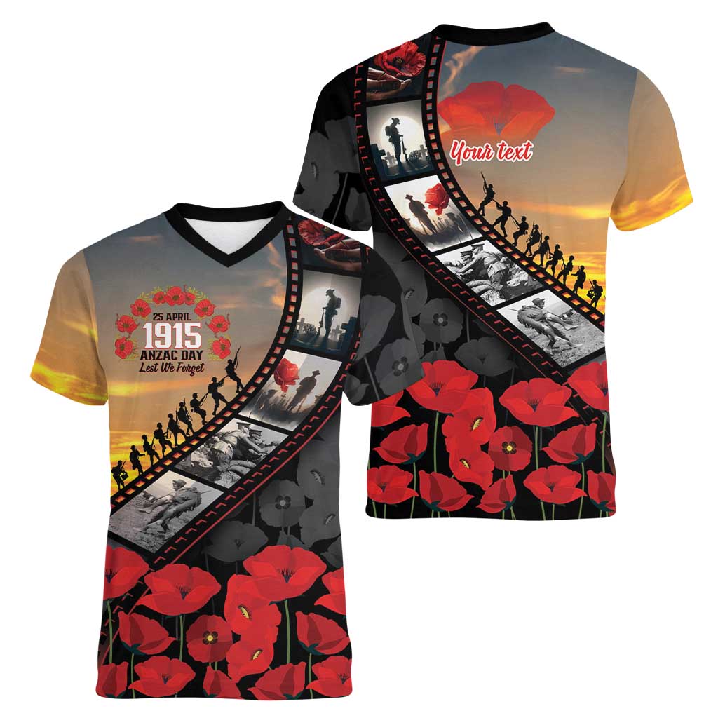 Personalised Remembering ANZAC Lest We Forget Women V-Neck T-Shirt Vintage Film Frame Memorial Red Poppy